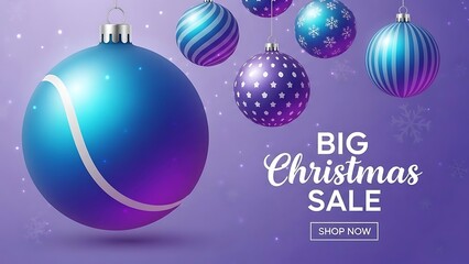Vibrant blue and purple christmas ornaments dangle against a festive background announcing a big holiday sale