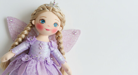 Fototapeta premium Whimsical handmade fairy doll with braided hair and glitter wings offers delightful enchantment. AI Generated