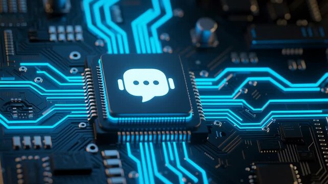 Technology digital interface generative ai machine learning automate task chatbot glowing circuit board pattern blue light modern communication support tool circuit design closeup connection mood