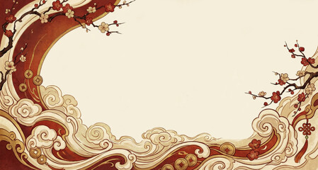 Elegant traditional East Asian background featuring stylized red clouds, blooming plum blossoms, and auspicious golden decorative elements.