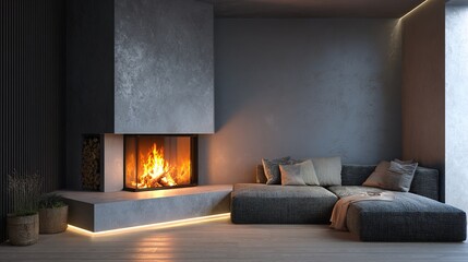 fatalism. Cozy living room interior with fireplace and comfortable sofas in warm ambient lighting. real-estate listings.