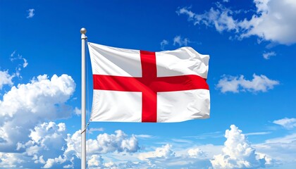 A white flag with a red cross is being blown by the wind, set against a bright blue sky filled with puffy clouds