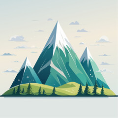 Stylized illustration of a mountain range with snow-capped peaks, green slopes, and a forest at the base under a cloudy sky.