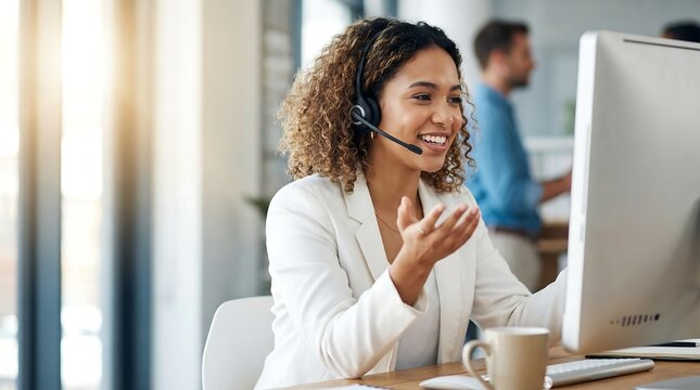 Smiling professional call center agent enthusiastically assists a client, providing excellent customer support with a friendly demeanor in a modern office environment, dedication to service.