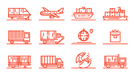 Logistics and Shipping Icons Set. Global Delivery, Cargo Transport, and Distribution Line Vector Illustration for Supply Chain Management.
