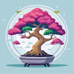 Bonsai tree with pink and green leaves in a pot, against a light blue background.