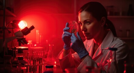 Serious female scientist meticulously examining a petri dish in a well equipped laboratory with