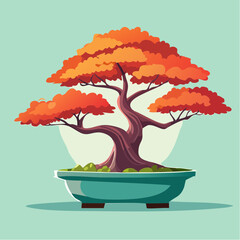 Illustration of a bonsai tree with orange leaves in a teal pot against a light green background.
