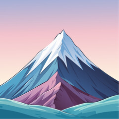 Illustration of a snow-capped mountain with a pastel-colored sky and a rocky foreground.