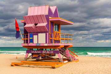 Lifeguard over Miami beach. Panoramic seascape of Miamis famous coastline. South Miami Beach. Miami...
