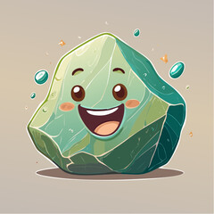 Cartoon illustration of a smiling green rock with a happy face and water droplets around it.