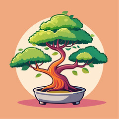 Cartoon bonsai tree with green leaves in a gray pot against a peach background.