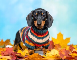 Adorable Dachshund puppy in sweater among vibrant autumn leaves