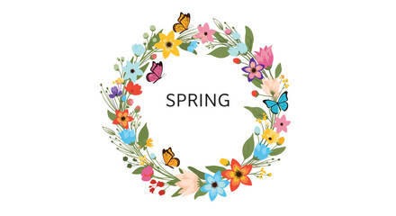Beautiful spring-themed wreath made of colorful wildflowers and fluttering butterflies with the word 'SPRING' in the center.