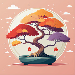 Colorful bonsai tree in a pot with autumn leaves against a pink background.