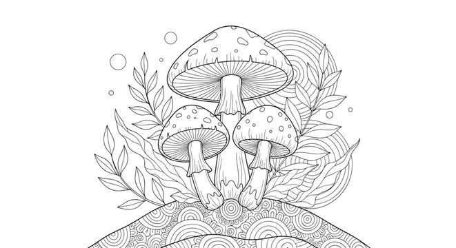 Intricate black and white coloring page featuring three amanita mushrooms on a hill with decorative leaves and abstract background patterns.