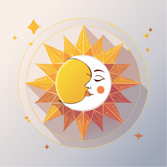 Stylized illustration of a crescent moon kissing a sun with stars and a circular border.