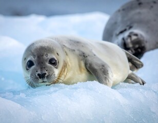 Adorable seal pup resting on ice, another blurry seal visible