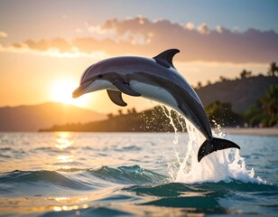 Fototapeta premium A jumping dolphin against a sunset over tropical water
