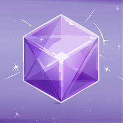 A purple crystal cube with light reflections and sparkles on a light purple background.