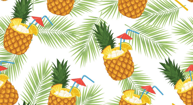 Refreshing seamless summer pattern of tropical pineapple cocktails garnished with straws and umbrellas, set against palm leaves.