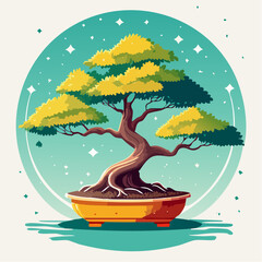 Stylized bonsai tree with yellow leaves in a pot against a teal background with white sparkles.