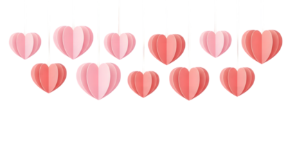 A charming garland of pink and red paper hearts hanging in a row isolated on transparent background for valentines day or love themed decoration
