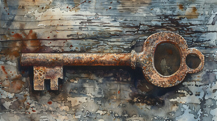 watercolor macro old rusty key on wooden