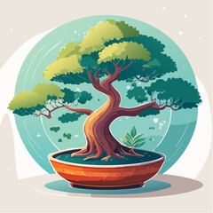 Stylized bonsai tree in a pot with a circular background.