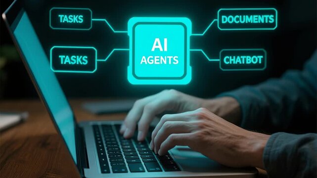 Technology digital interface generative ai machine learning automate task chatbot concept laptop screen showing ai agents workflow connection documents human hand typing keyboard glow office desk