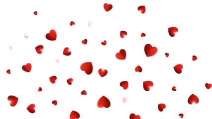 Red and pink hearts floating in the air on a transparent background for love and valentines day concepts