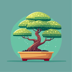 A stylized bonsai tree with a twisted trunk and rounded green foliage in a rectangular pot.