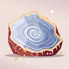 A geode with a blue and white spiral pattern, surrounded by a brown and gold outer layer, resting on a light tan surface.