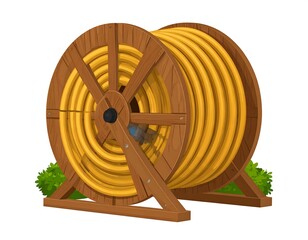 Cartoon illustration featuring a wooden hose reel holding a coiled yellow hose, positioned on green shrubbery. The reel is brown