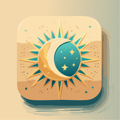 Stylized illustration of a sun and moon icon with stars on a square background.