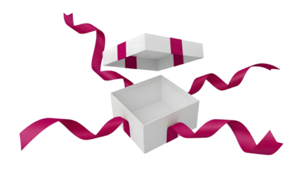 White gift box with pink ribbon opening to reveal surprise isolated on transparent background