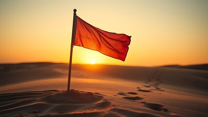 sedition. Broken flagpole in sandy ground with retreating footprints, sunset symbolic of surrender. inspiring travel planning.
