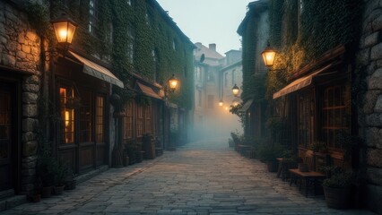 Fototapeta premium Mysterious Cobblestone Alleyway at Dusk with Glowing Lanterns.