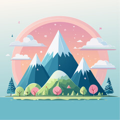 Cartoon landscape with mountains, trees, and a pastel sky with clouds.