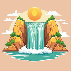 Cartoon illustration of a waterfall cascading between rocky cliffs under a bright sun.