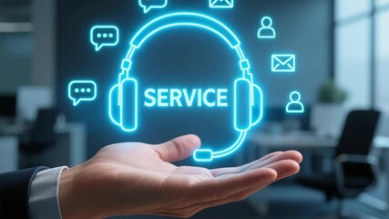 Generative AI Support Glowing Headset Hologram above Hand in Modern Office for Machine Learning and Virtual Assistant technology, automate tasks chatbot - Powered by Adobe