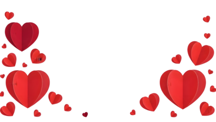 Collection of red hearts in various sizes on a transparent background for love and valentines day concepts