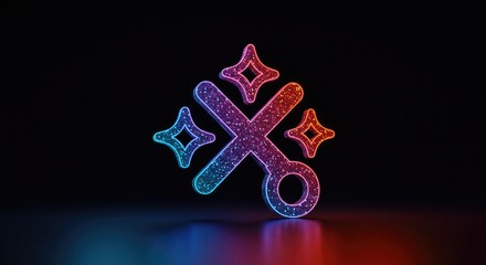 Abstract illustration of glowing scissors with sparkling star effects on black background