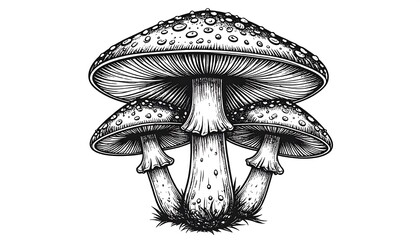 Black and white illustration of three toadstools, displaying detailed caps and stems. Detailed cross-hatching depicts texture