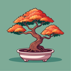 Cartoon illustration of a bonsai tree with orange leaves in a white pot against a green background.