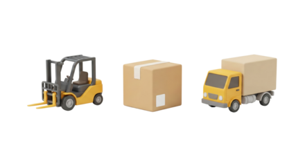 Miniature forklift and delivery trucks carrying packages on isolated transparent background