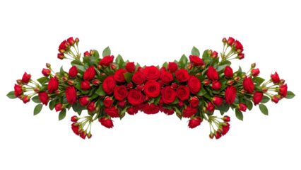 Beautiful floral arrangement of red roses and white flowers with green leaves isolated on transparent background for decoration or event design