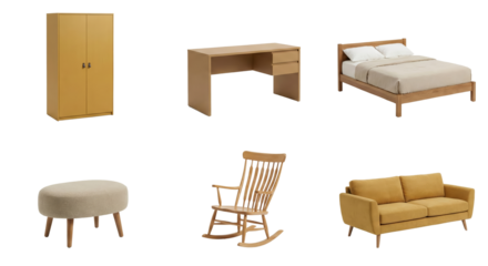 collection of minimalist wooden furniture pieces including a wardrobe desk bed and seating options