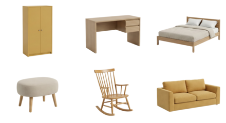 modern minimalist furniture collection featuring wardrobe desk bed stool and sofa isolated on