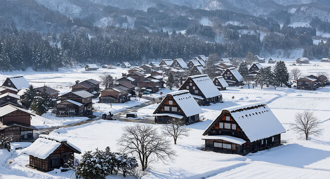 Historic Japanese village with unique gassho zukuri houses blanketed in fresh snow serene winter beauty preserved in daylight. AI Generated